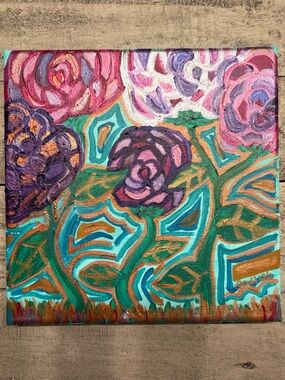 Hand-Painted Floral Canvas with Teal, Purple, Pink & Gold Accents